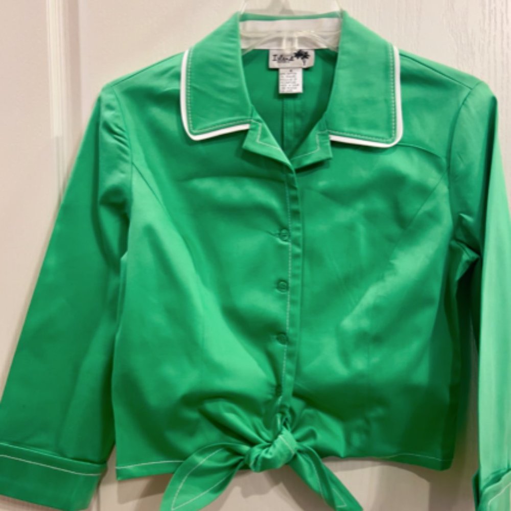 Island Republic Green Tie-Front Crop Top with White Piping